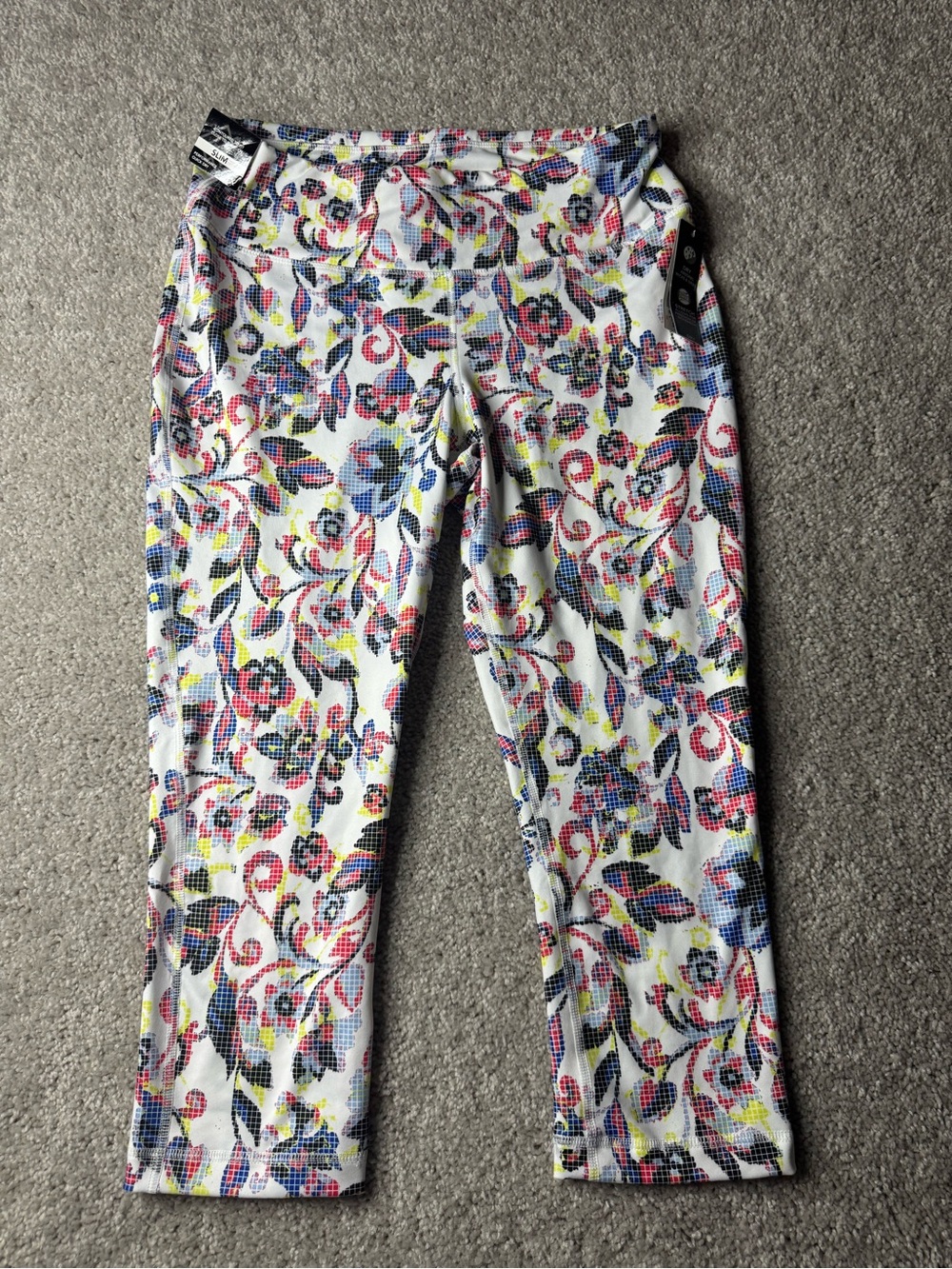 ZELOS White Floral Capri Slim Leggings with Pink, Blue and Yellow Accents